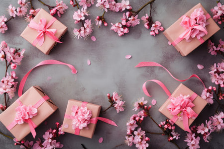 A collection of pink gift boxes neatly arranged on top of a table, creating an eye-catching display, Blossom flowers and birthday present boxes, AI Generatedの素材