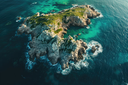 This photo captures an expansive aerial view of a lush tropical island surrounded by the vast expanse of the ocean, Bird's eye visual of the emerald sea around a rocky island, AI Generatedの素材