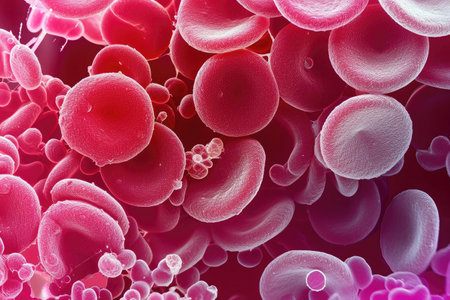 A detailed view of a red and pink substance under examination in a laboratory petri dish, Blood cells under a microscope in extraordinary detail, AI Generatedの素材
