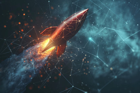 A powerful rocket shoots through the air surrounded by a multitude of twinkling stars, Blockchain fueled rocket representing advancement in technology, AI Generatedの素材