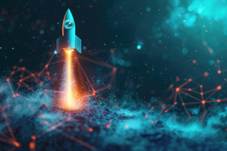 A powerful rocket launches into the air, illuminating the darkness with its bright lights as it ascends, Blockchain fueled rocket representing advancement in technology, AI Generatedの素材