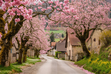 A well-paved street is adorned with rows of trees, each covered in beautiful pink flowers, Blossoming trees near a small medieval European village, AI Generatedの素材