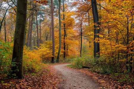 A dirt road cuts through the dense forest, providing a pathway for exploration and adventure, Bright, colorful autumn forest with a wandering path, AI Generatedの素材