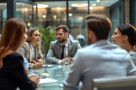 Business Professionals Engaged in a Discussion at a Conference Table, Boardroom meeting scene with executives discussing strategies, AI Generatedの素材