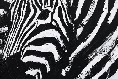 A black and white painting capturing the lively movement of a zebra, Bold strokes of black and white, creating a zebra pattern, AI Generatedの素材