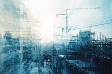 A dynamic image showcasing a vibrant cityscape filled with a multitude of towering buildings, Blueprints and the future construction site combined in double exposure, AI Generatedの素材