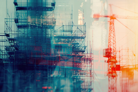 A photo capturing a building under construction with scaffolding, displaying a blurry effect, Blueprints and the future construction site combined in double exposure, AI Generatedの素材