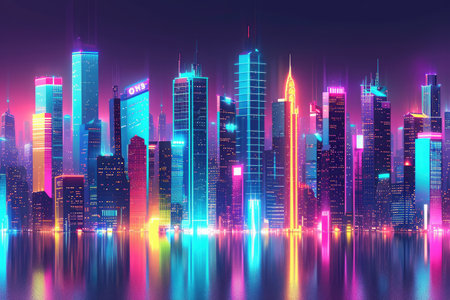 A stunning cityscape with vibrant lights reflecting on the water, showcasing the dynamic energy of the urban environment, Bright city skyline with neon-colored skyscrapers, AI Generatedの素材