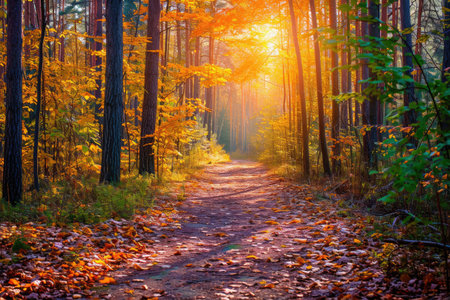 A dirt road cuts through the middle of a densely forested area, shaded by towering trees, Bright, colorful autumn forest with a wandering path, AI Generatedの素材