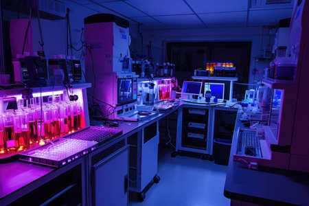A busy laboratory filled with scientists conducting experiments and utilizing a wide range of lab equipment and instruments, Blood test lab with robotic automation, AI Generatedの素材