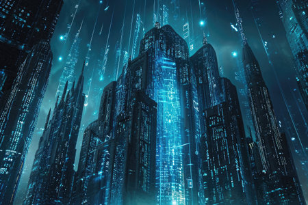 A view of a technologically advanced city at night, bustling with vibrant lights and sleek architectural designs, Binary code transitioning into a digital fortress, AI Generatedの素材