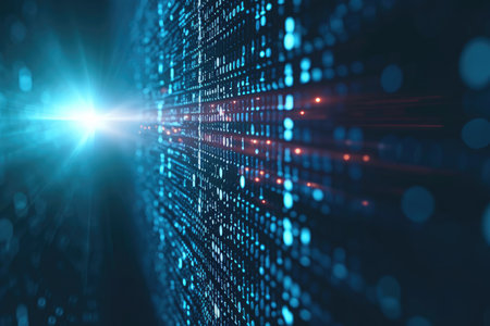 This photo features a background in blue and black, adorned with an array of dots and lines, Background of illuminated binary code falling down the screen, AI Generatedの素材