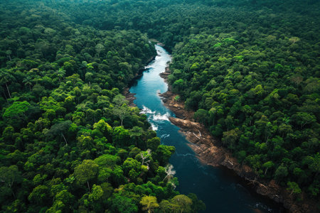 A crystal-clear river flows through a dense, verdant forest, surrounded by towering trees and vibrant vegetation, Bird's eye view of a majestic river flowing through a rainforest, AI Generatedの素材
