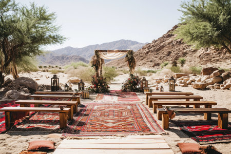 A desert wedding featuring a rug and wooden benches as the main seating arrangement for guests, Bohemian chic wedding in a desert, AI Generatedの素材