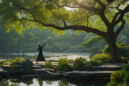 A woman stands confidently in a black dress, posing near a serene pond, A woman practicing early morning tai chi in a tranquil garden, AI Generatedの素材