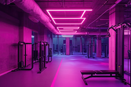 An unoccupied gym filled with purple lighting and featuring rows of benches, A women-only gym featuring pink and purple hues, AI Generatedの素材