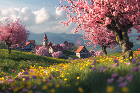 A field full of colorful flowers and trees with a church standing prominently in the background, Blossoming trees near a small medieval European village, AI Generatedの素材