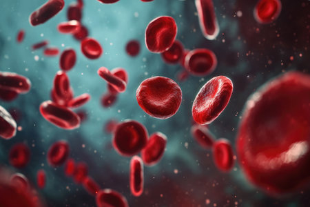 This photo depicts a close-up view of red blood cells moving steadily within a blood vessel, Blood cells shown in a beautiful, flowing movement, AI Generatedの素材