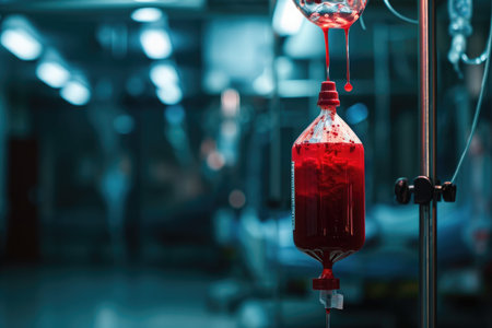 A chilling image of a glass bottle filled with blood suspended from a metal hook, illuminated by dim lighting, Blood transfusion bag hanging from a metal stand, AI Generatedの素材