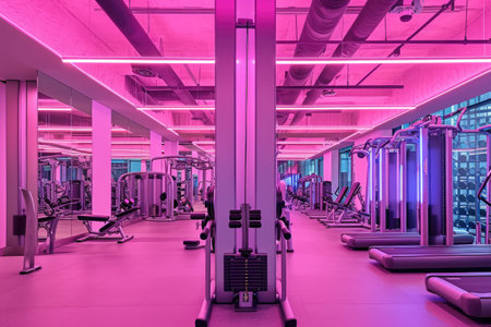 A large gymnasium with an extensive assortment of exercise machines and equipment for fitness enthusiasts, A women-only gym featuring pink and purple hues, AI Generatedの素材