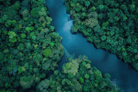 A winding river meanders through a vibrant green forest, creating a picturesque scene of natures beauty, Bird's eye view of a majestic river flowing through a rainforest, AI Generatedの素材