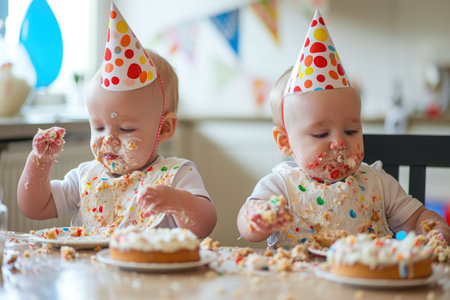 Two young children are sitting at a table and happily eating cake, Babies in cute birthday hats and bibs making a mess with cake, AI Generatedの素材