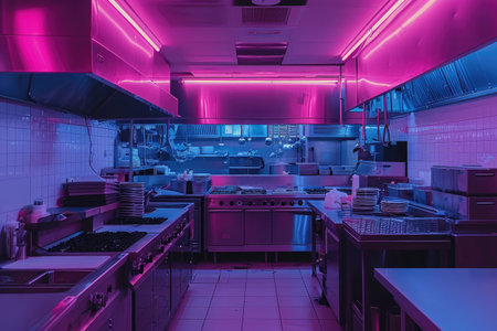 A kitchen illuminated by numerous purple lights creates a vibrant and energetic atmosphere, An empty restaurant kitchen illuminated by neon lights, AI Generatedの素材
