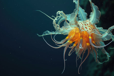 A detailed view of a jellyfish, with its tentacles trailing in the water, Bioengineered marine life in the deep sea, AI Generatedの素材