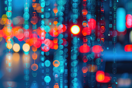 In this photo, a vibrant city is captured in a blurry image, showcasing numerous lights that illuminate the night sky, Binary code pattern of city traffic lights, AI Generatedの素材