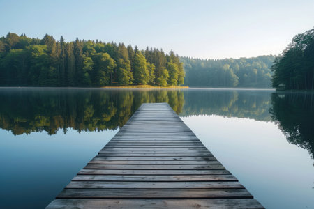 Wooden Dock Positioned on Top of a Lake, A wooden jetty projecting into a serene lake with a line of trees in the background, AI Generatedの素材