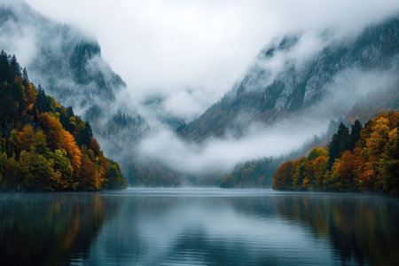 A body of water is surrounded by towering mountains and lush trees in a picturesque landscape, Autumn fog over a scenic mountain lake, AI Generatedの素材