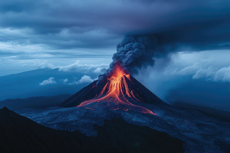 A powerful volcano violently erupting, sending streams of molten lava high into the atmosphere, An ominous volcano erupting at night, AI Generatedの素材