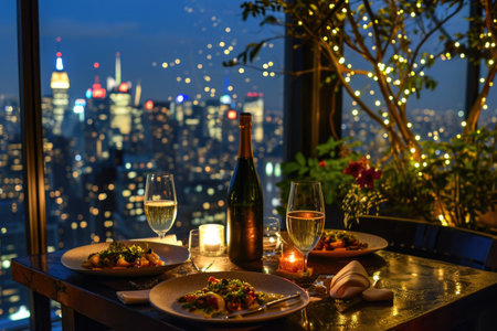 Table With Plates of Food and a Bottle of Wine at a Restaurant, Atop a city rooftop with a multicourse meal and a bottle of champagne, AI Generatedの素材