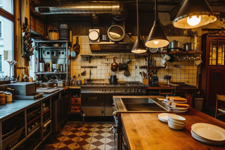 A well-appointed kitchen with a generous amount of counter space, ready for cooking and food preparation, A vintage style empty restaurant kitchen with antique appliances, AI Generatedの素材