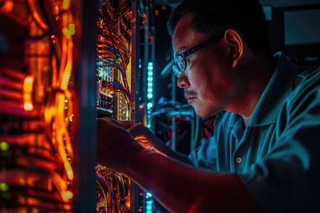 A man is seen actively working on a server in a crowded server room filled with blinking lights and rows of computer equipment, An IT professional repairing a supercomputer, AI Generatedの素材