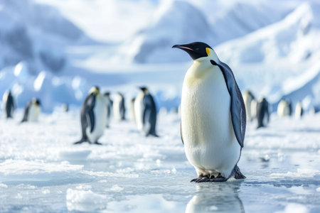 A group of Emperor penguins standing together on top of a vast expanse of ice in their natural habitat, An icy Antarctic landscape with emperor penguins, AI Generatedの素材