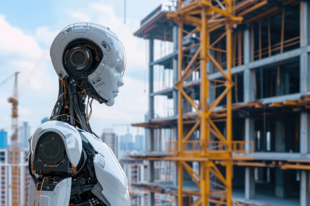 A robot stands in front of an active construction site, ready to assist with its robotic capabilities, Artificial intelligence supervising a construction site, AI Generatedの素材