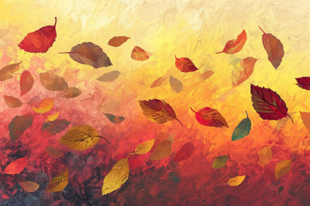A lively painting capturing the motion of vibrant leaves swirling and floating in the air, An illustration of abstract leaves falling in autumn, AI Generatedの素材