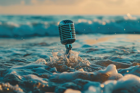 Close Up of a Water-Submerged Microphone, An image of a microphone emerging from the ocean waves for a maritime history podcast, AI Generatedの素材