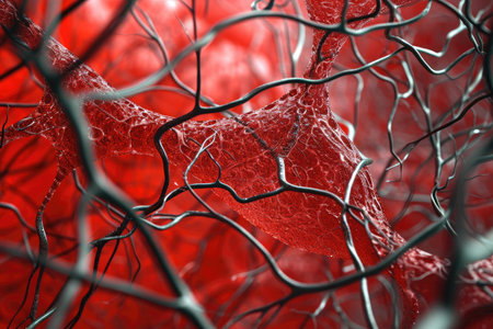 A detailed view of a tree with vibrant red leaves during the autumn season, An intricate look at the network of blood cells within veins, AI Generatedの素材