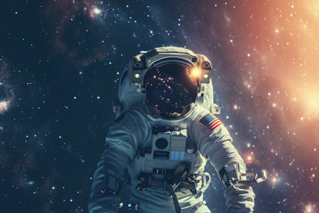 Astronaut Floating in Outer Space With Stars in Background, An astronaut floating in space with the reflection of distant galaxies on his spacesuit, AI Generatedの素材