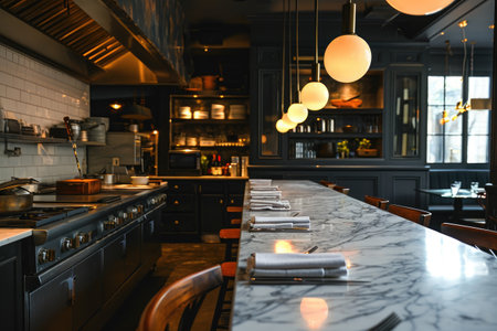A kitchen featuring sleek black cabinets contrasted with elegant marble counter tops, An elegant empty restaurant kitchen with a long marble-topped counter, AI Generatedの素材