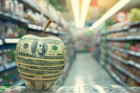 A fresh green apple shaped like a dollar bill sits on a shelf in the grocery store aisle, An apple made of money in a store showing inflation on everyday items, AI Generatedの素材