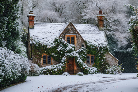 A house covered in snow stands next to a cluster of trees in a winter landscape, An ivy-covered cottage enveloped by a fresh dusting of snow, AI Generatedの素材
