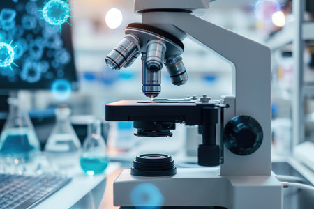 A setup showing a microscope and a laptop placed on a table in a laboratory setting, AI-enabled microscope able to detect cancer cells, AI Generatedの素材