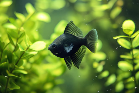 A black and white angelfish gracefully swims in a vibrant green aquarium, An agile Black Molly fish twirling in the embrace of underwater plants, AI Generatedの素材