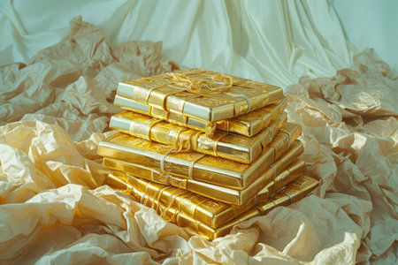 A stack of gold bars sits atop a mound of crumpled paper, An aesthetic interpretation of wealth accumulation, AI Generatedの素材