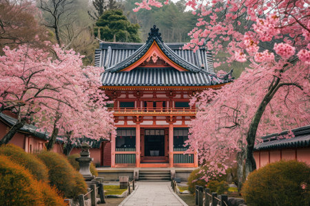 A magnificent building stands tall, surrounded by vibrant cherry blossom trees in full bloom, An ancient Japanese temple amidst cherry blossom trees, AI Generatedの素材