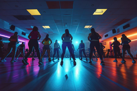 Group of People Dancing in a Dance Studio, Aerobics class scenario captured in a gym, AI Generatedの素材