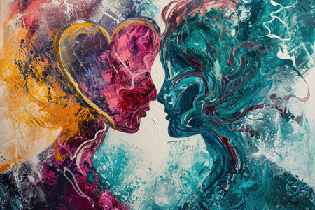 A painting depicting the intimate moment when two individuals come together to share a kiss, Abstract art interpretation of love and romance for ValentineÃ¢â¬â¢s Day, AI Generatedの素材
